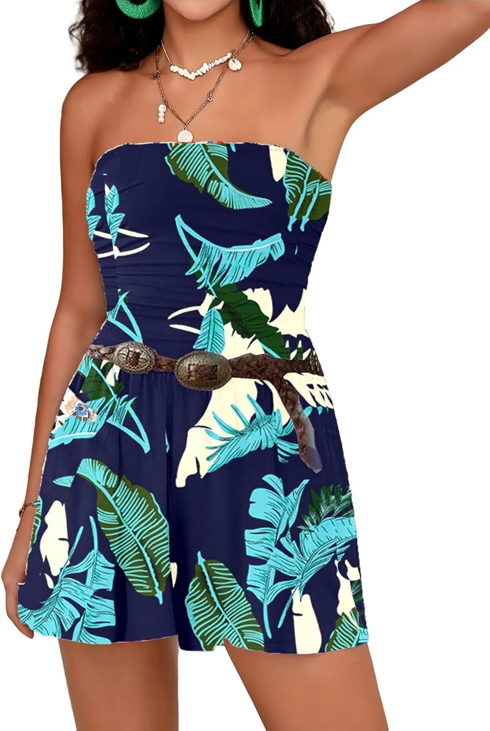 Women Summer Casual Strapless Rompers Tube Top Shorts Jumpsuit Sleeveless Off Shoulder Sexy Beach Romper with Pocket