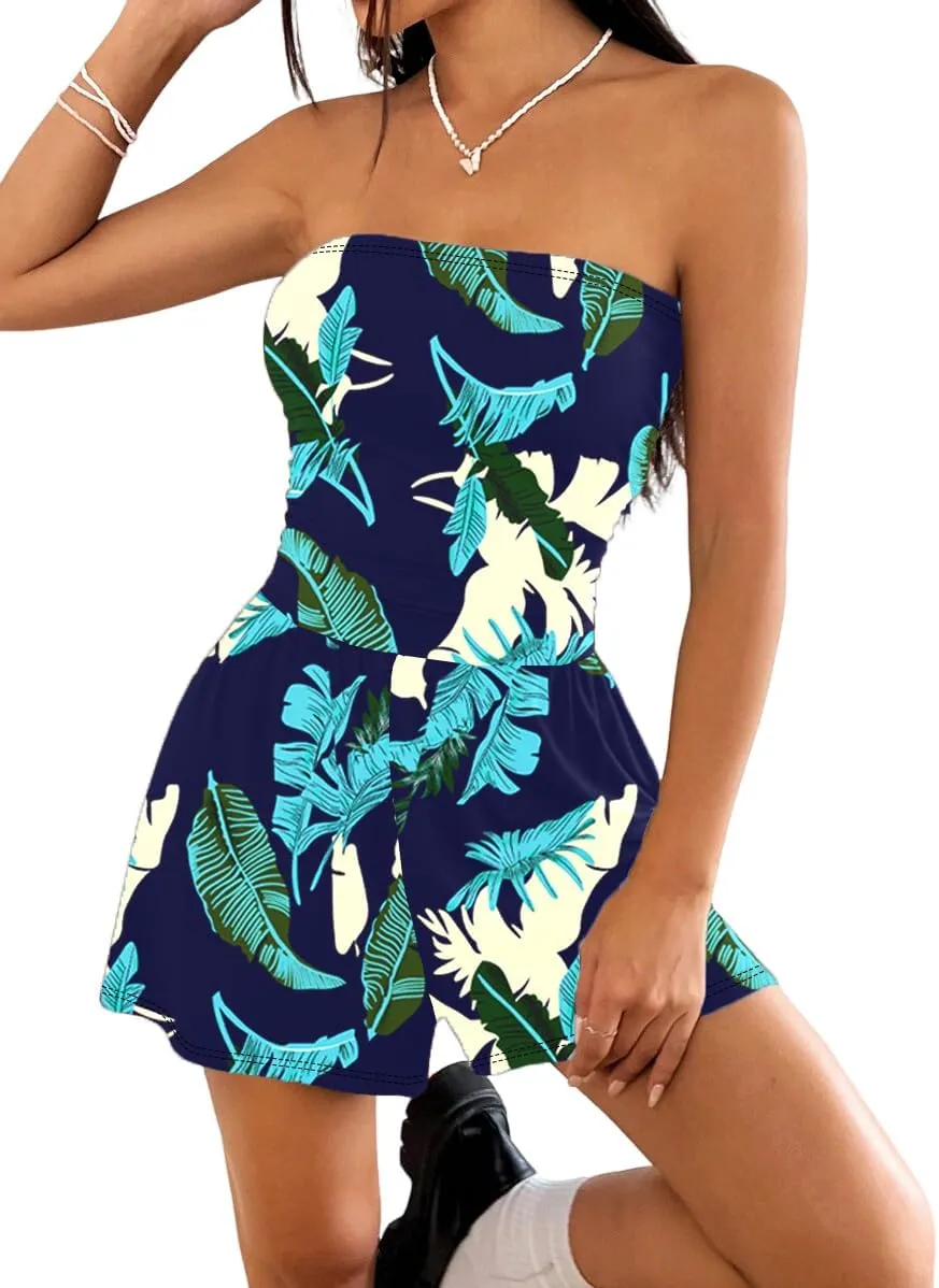 Women Summer Casual Strapless Rompers Tube Top Shorts Jumpsuit Sleeveless Off Shoulder Sexy Beach Romper with Pocket