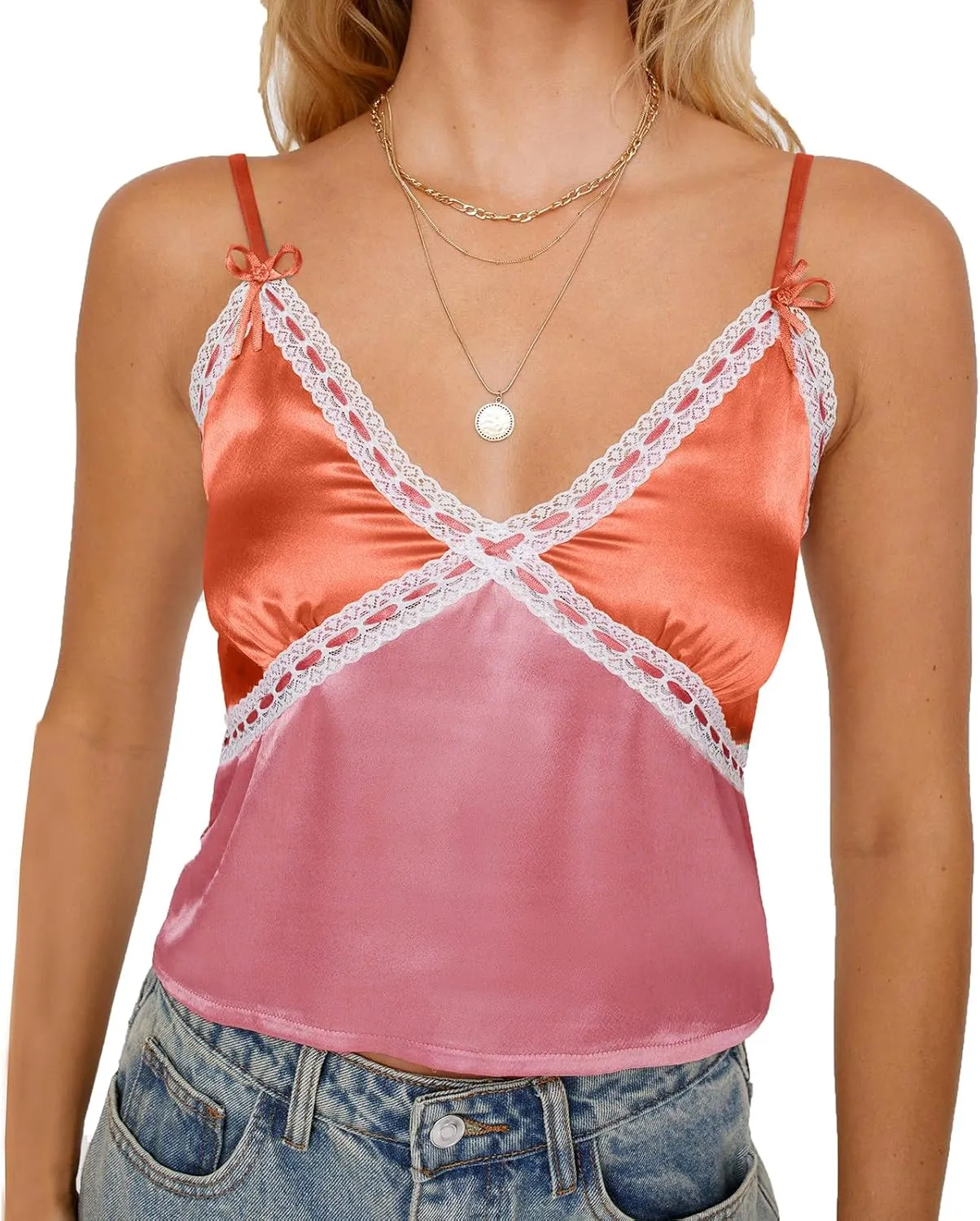 Women Y2k Lace Trim Satin Camisole Pleated Bust Spaghetti Strap Tank Top Backless Silk Cami Shirt Cute Summer Tops 2025
