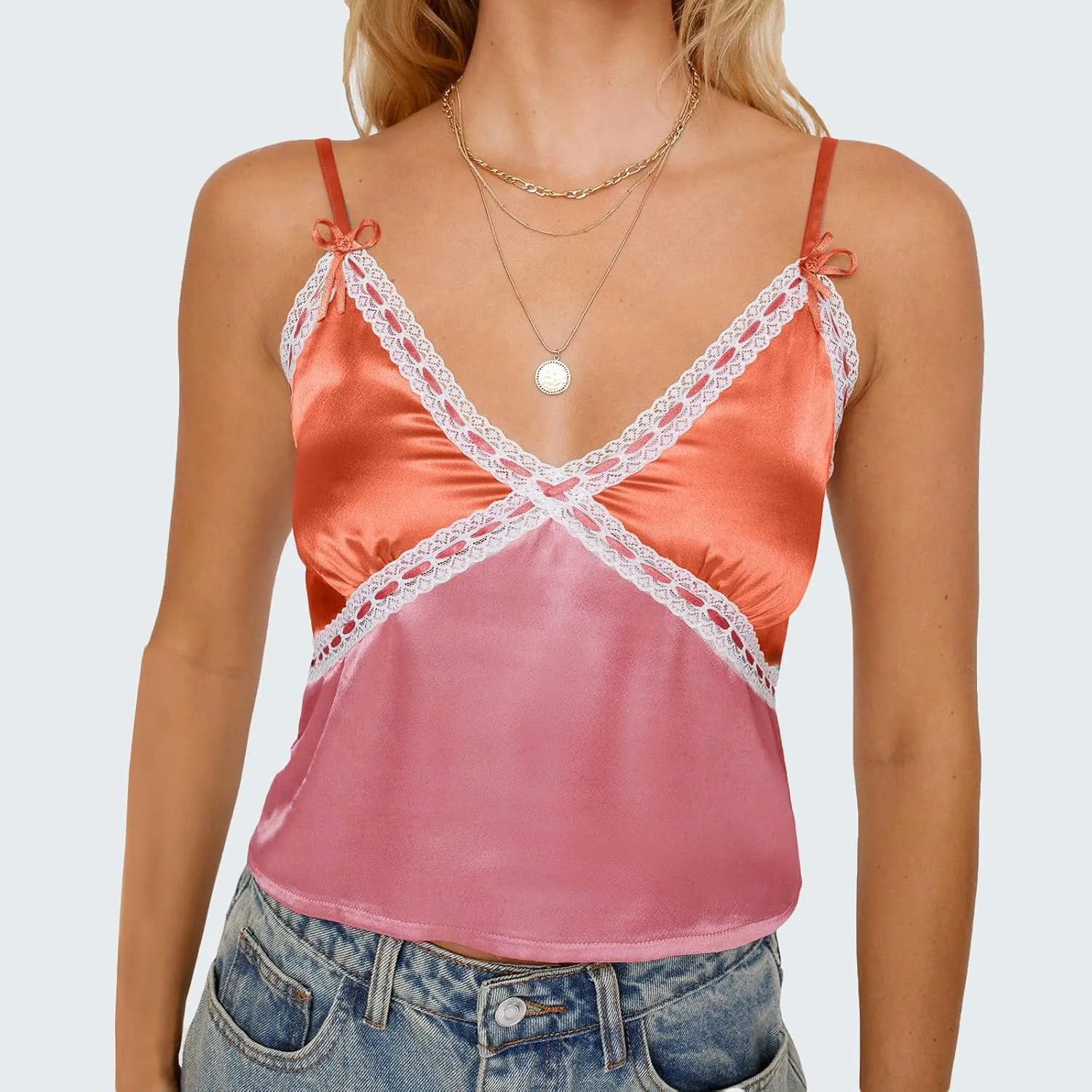 Women Y2k Lace Trim Satin Camisole Pleated Bust Spaghetti Strap Tank Top Backless Silk Cami Shirt Cute Summer Tops 2025