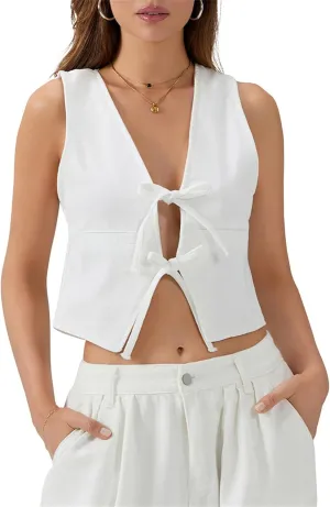 Women Y2k Peplum Tank Tops Tie Front Sleeveless Striped Ruffled Hem Babydoll Vest Shirts Summer Cute Going Out Top