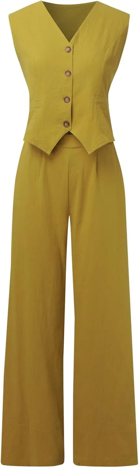 Womens 2 Piece Sets Summer Button Down Vest and Wide Leg Pants Suits Linen Business Casual Outfits V Neck Blazer Sets