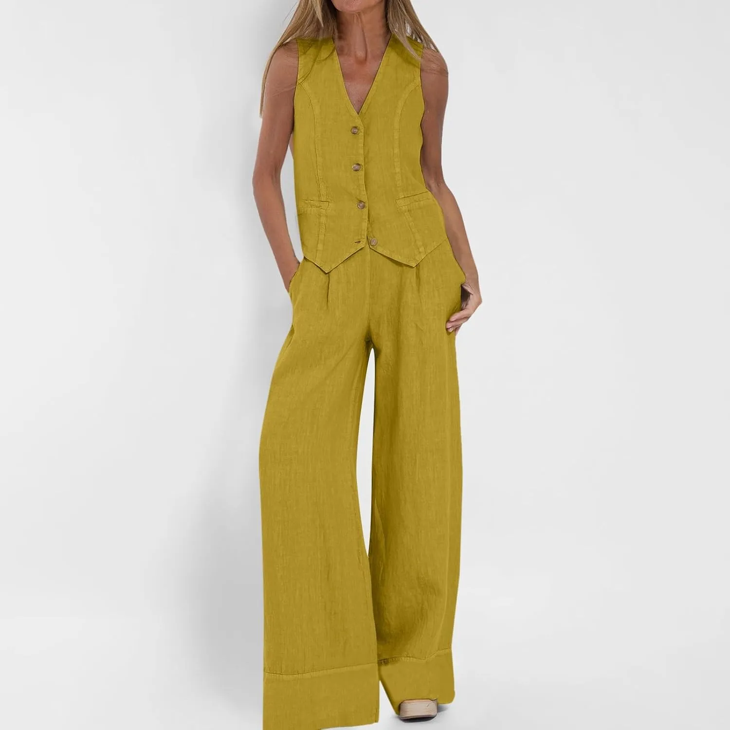 Womens 2 Piece Sets Summer Button Down Vest and Wide Leg Pants Suits Linen Business Casual Outfits V Neck Blazer Sets