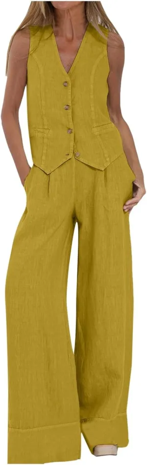 Womens 2 Piece Sets Summer Button Down Vest and Wide Leg Pants Suits Linen Business Casual Outfits V Neck Blazer Sets