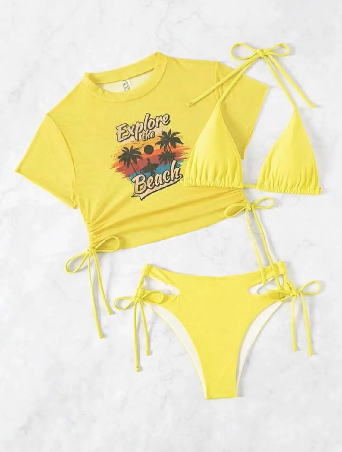 Women's 3 Piece Swimsuit Halter String Bikini Tie Side Mesh Short Sleeve Bathing Suits