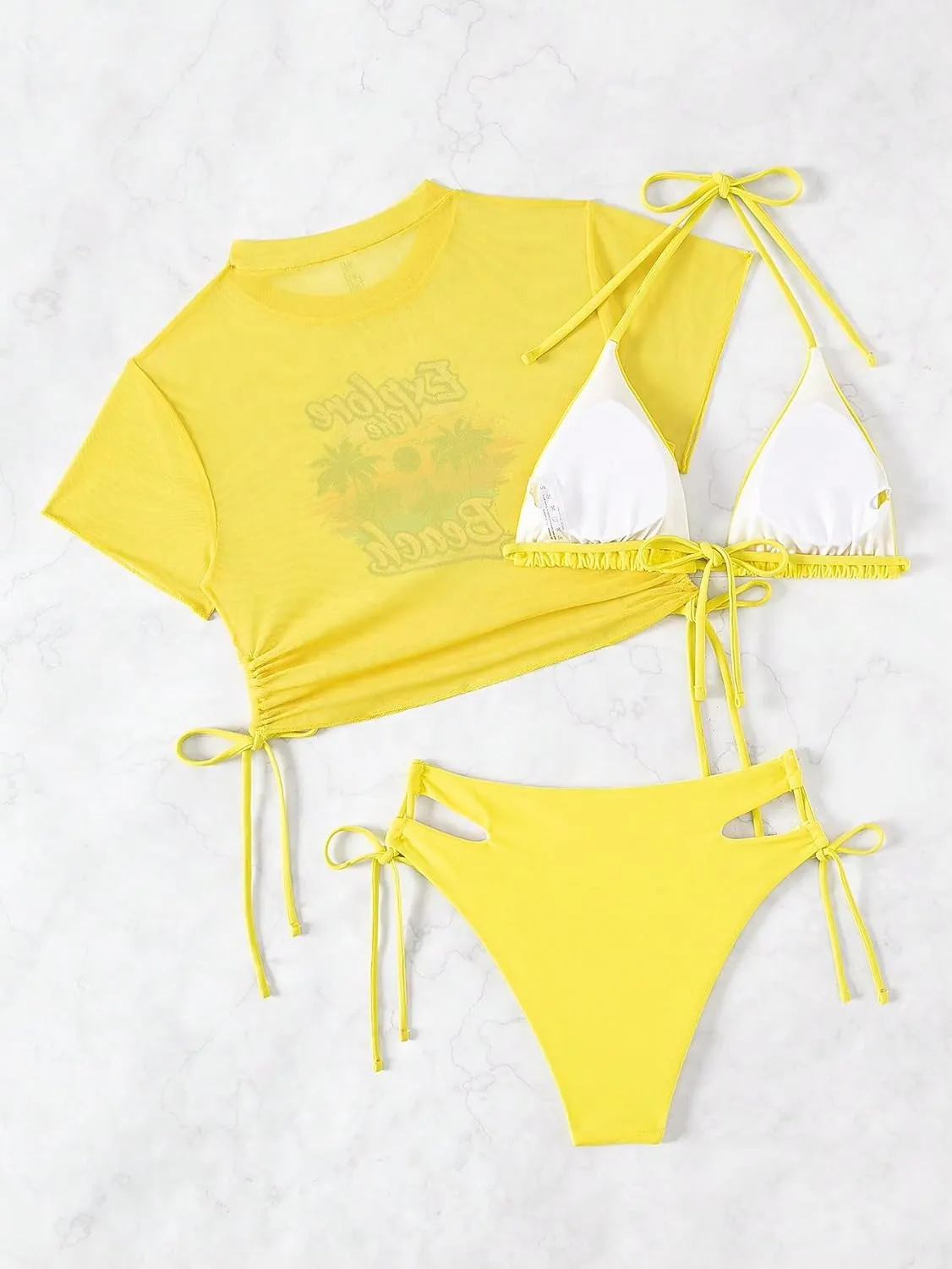 Women's 3 Piece Swimsuit Halter String Bikini Tie Side Mesh Short Sleeve Bathing Suits