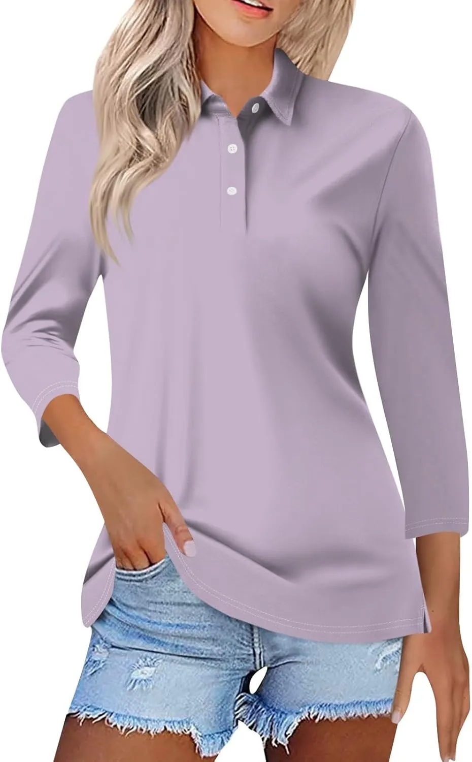 Womens 3/4 Sleeve Polo Shirts 2024 Fall Dressy Button Down Collared Blouses Solid Tunic Tops for Work Golf