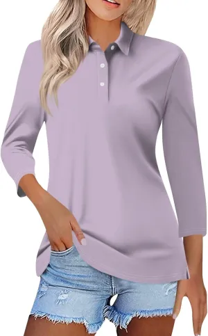Womens 3/4 Sleeve Polo Shirts 2024 Fall Dressy Button Down Collared Blouses Solid Tunic Tops for Work Golf