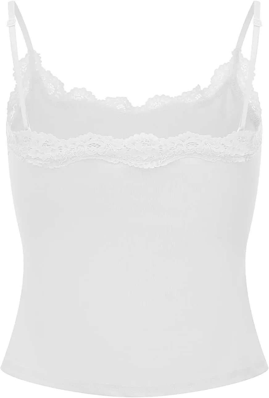 Women's Cami Tops Spaghetti Strap Sleeveless Lace Trim Solid Color Slim Fit Camisole Summer Tops