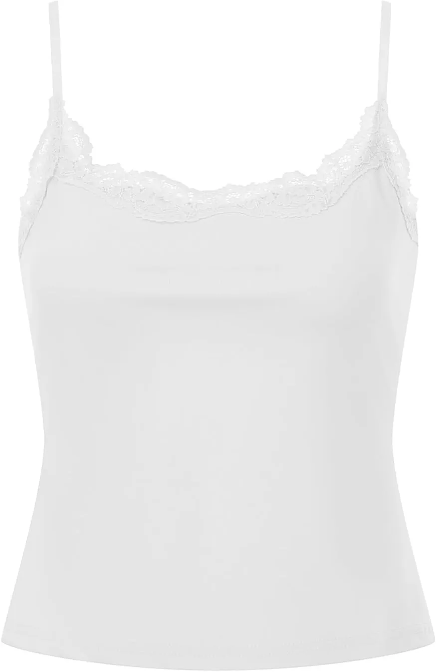 Women's Cami Tops Spaghetti Strap Sleeveless Lace Trim Solid Color Slim Fit Camisole Summer Tops