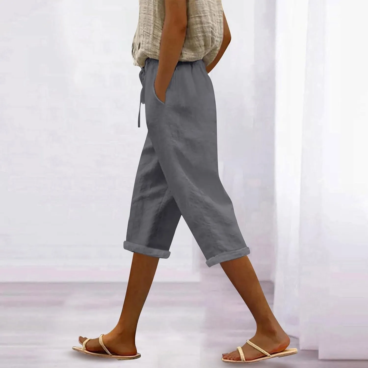 Womens Capri Pants 2025 Summer Petite Linen Pants Wide Leg Gauze Pant Striped Capri Trouser Casual Maternity Pant
