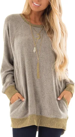Womens Casual Color Block Long Sleeve Round Neck Pocket T Shirts Blouses Sweatshirts Tops