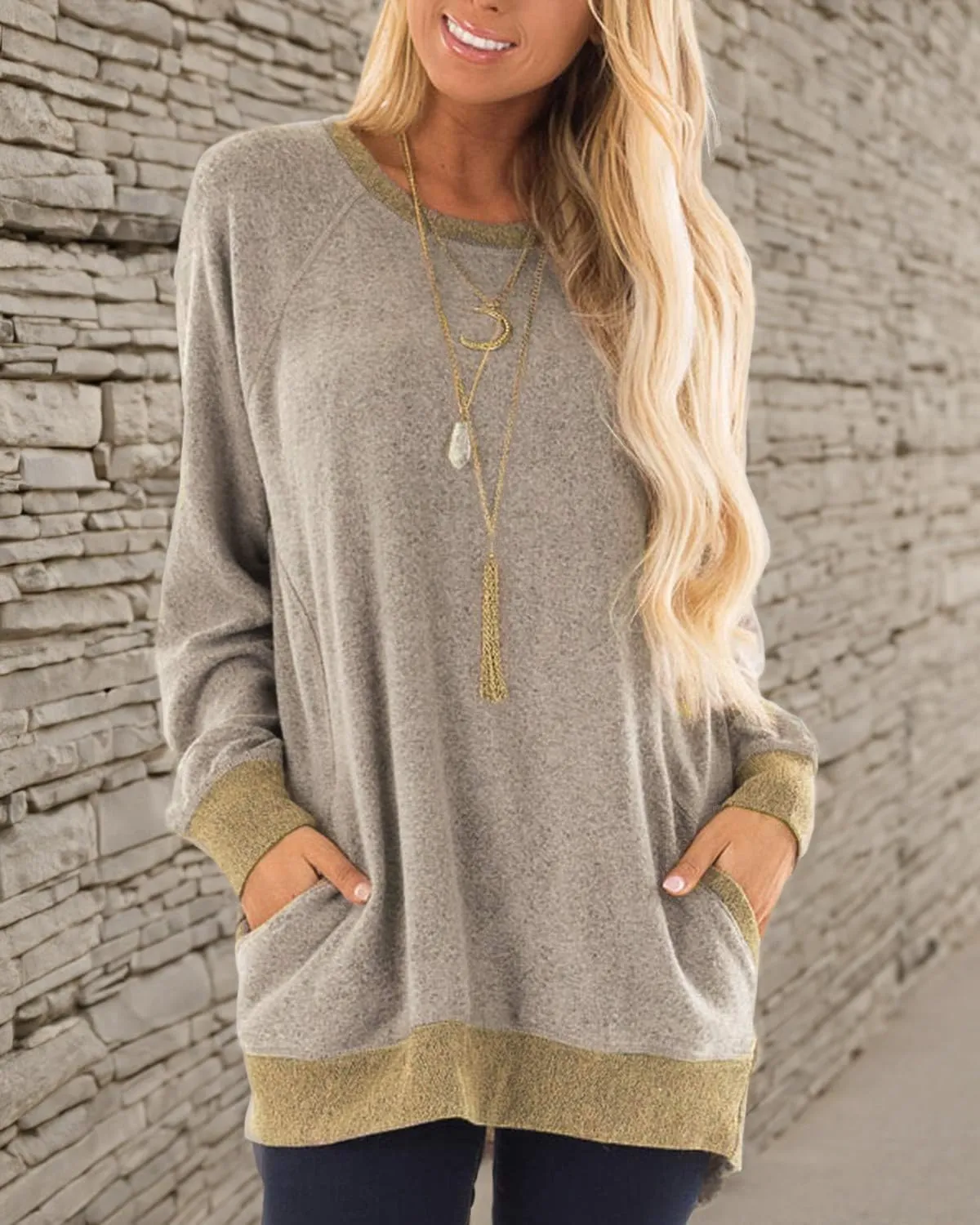 Womens Casual Color Block Long Sleeve Round Neck Pocket T Shirts Blouses Sweatshirts Tops