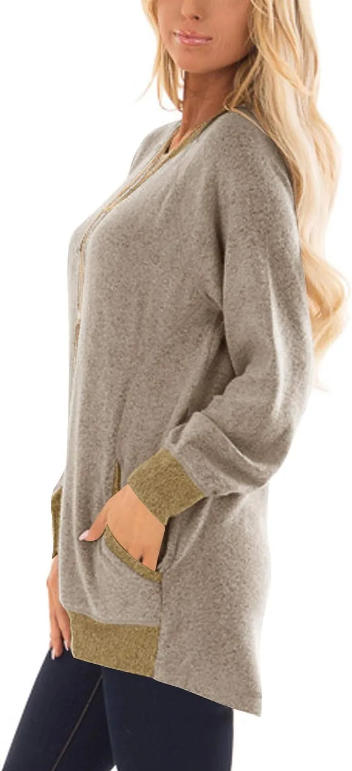Womens Casual Color Block Long Sleeve Round Neck Pocket T Shirts Blouses Sweatshirts Tops