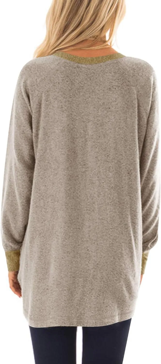 Womens Casual Color Block Long Sleeve Round Neck Pocket T Shirts Blouses Sweatshirts Tops