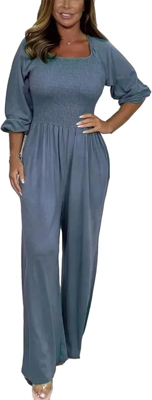 Women's Casual Loose Overalls Jumpsuits One Piece Long Sleeve Wide Leg Long Pant Rompers with Pockets