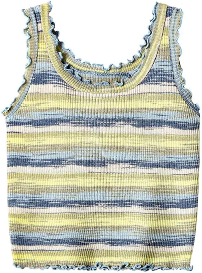 Womens Contrast Color Striped Knitted Camisole Vests Crew Neck Sleeveless Short Slim Tanks Tops