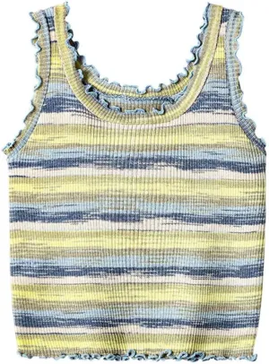 Womens Contrast Color Striped Knitted Camisole Vests Crew Neck Sleeveless Short Slim Tanks Tops