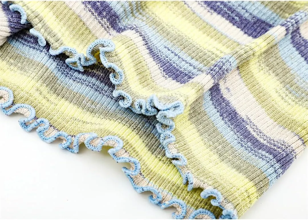 Womens Contrast Color Striped Knitted Camisole Vests Crew Neck Sleeveless Short Slim Tanks Tops