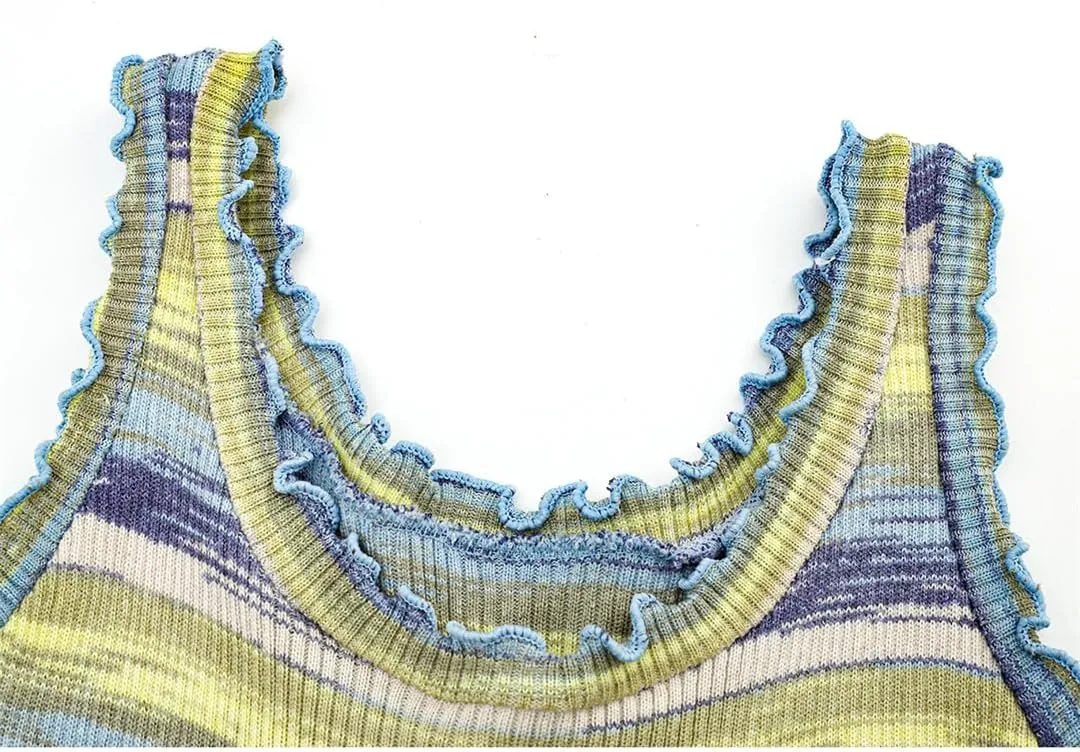 Womens Contrast Color Striped Knitted Camisole Vests Crew Neck Sleeveless Short Slim Tanks Tops