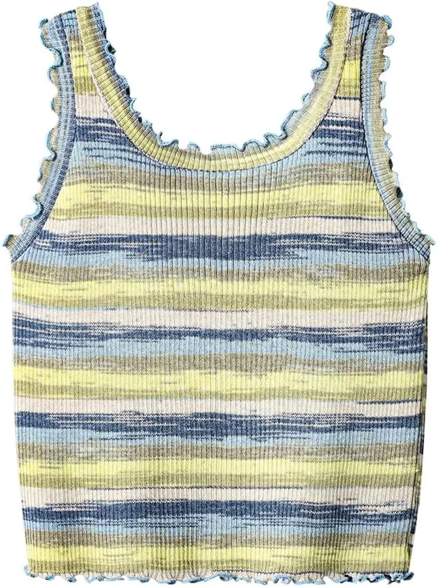Womens Contrast Color Striped Knitted Camisole Vests Crew Neck Sleeveless Short Slim Tanks Tops