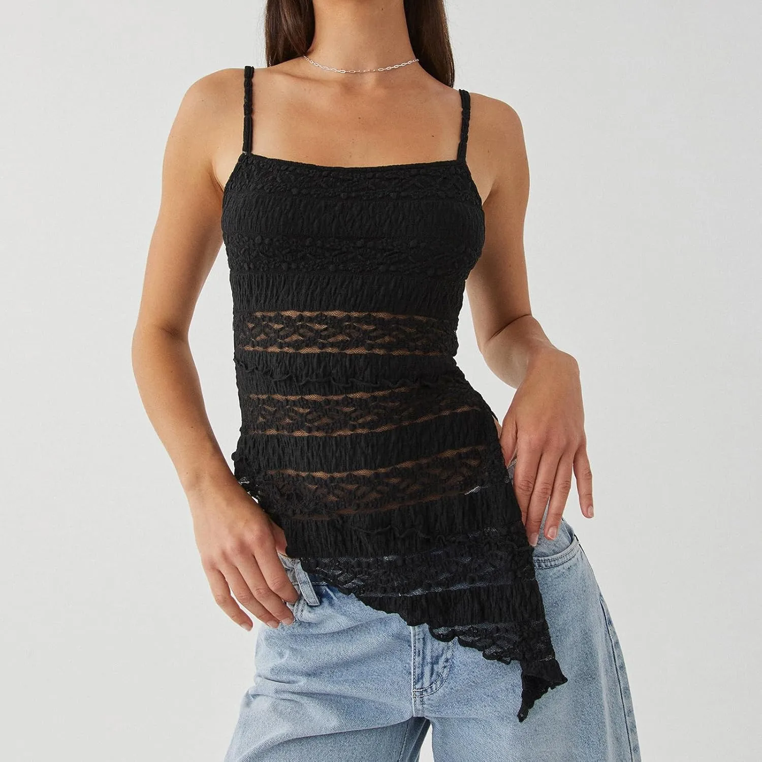 Women's Contrast Floral Lace Camisole Side Slit Sleeveless Cami Irregular Hem Crop Vest Shirt Mesh Sheer Tank Top