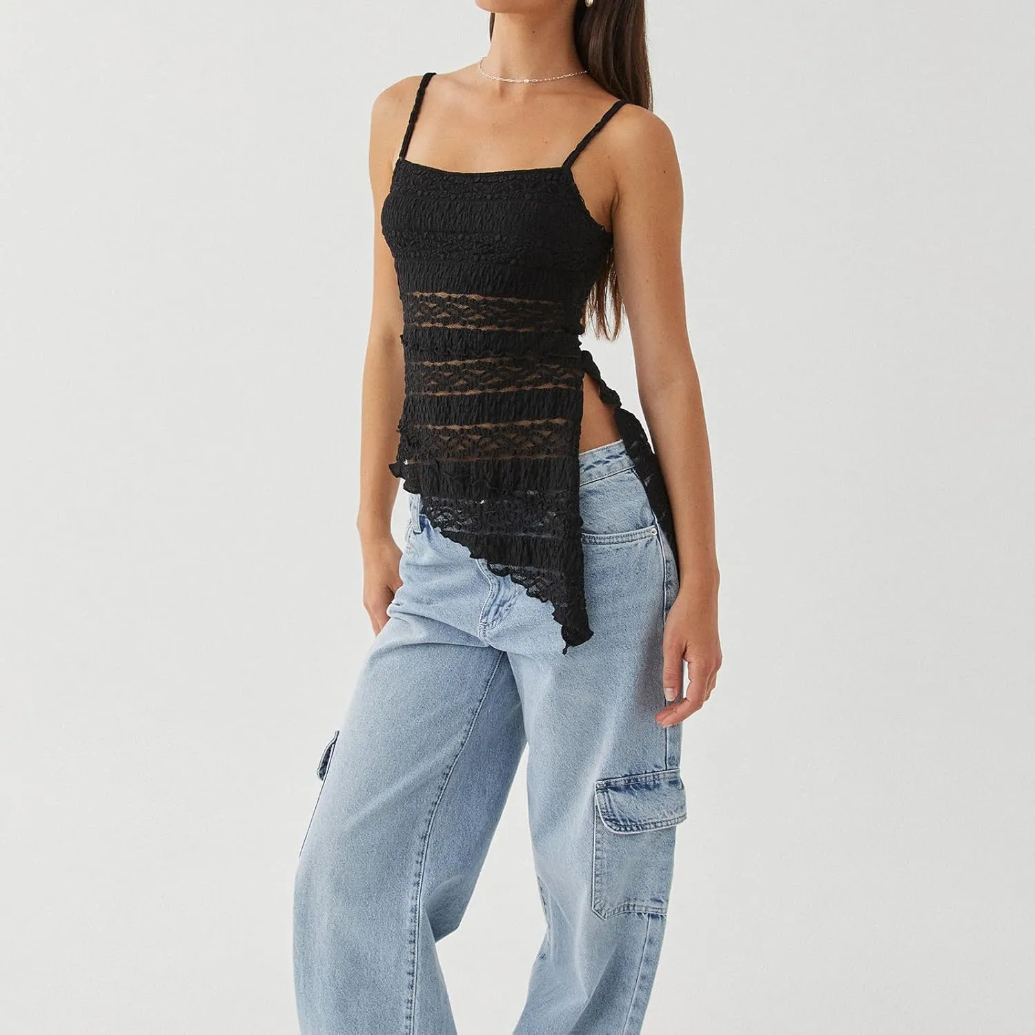 Women's Contrast Floral Lace Camisole Side Slit Sleeveless Cami Irregular Hem Crop Vest Shirt Mesh Sheer Tank Top