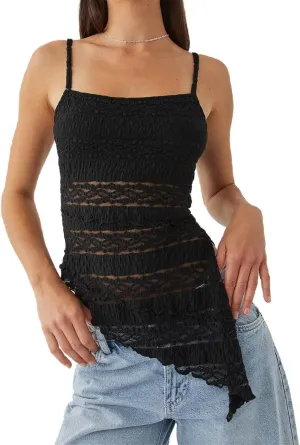 Women's Contrast Floral Lace Camisole Side Slit Sleeveless Cami Irregular Hem Crop Vest Shirt Mesh Sheer Tank Top
