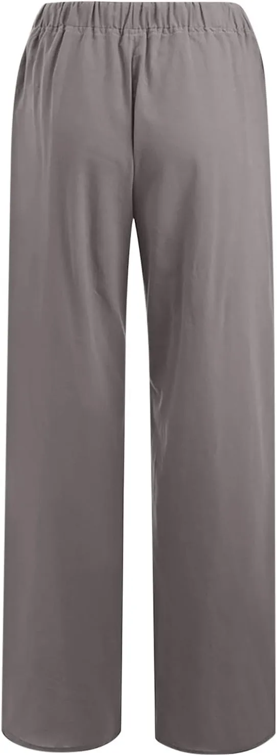 Women's Cotton Linen Palazzo Pants Drawstring Wide Leg Trousers High Waist Lightweight Pant Beach Vacation Clothes