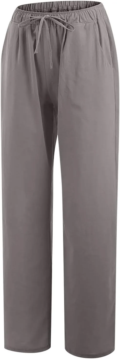 Women's Cotton Linen Palazzo Pants Drawstring Wide Leg Trousers High Waist Lightweight Pant Beach Vacation Clothes