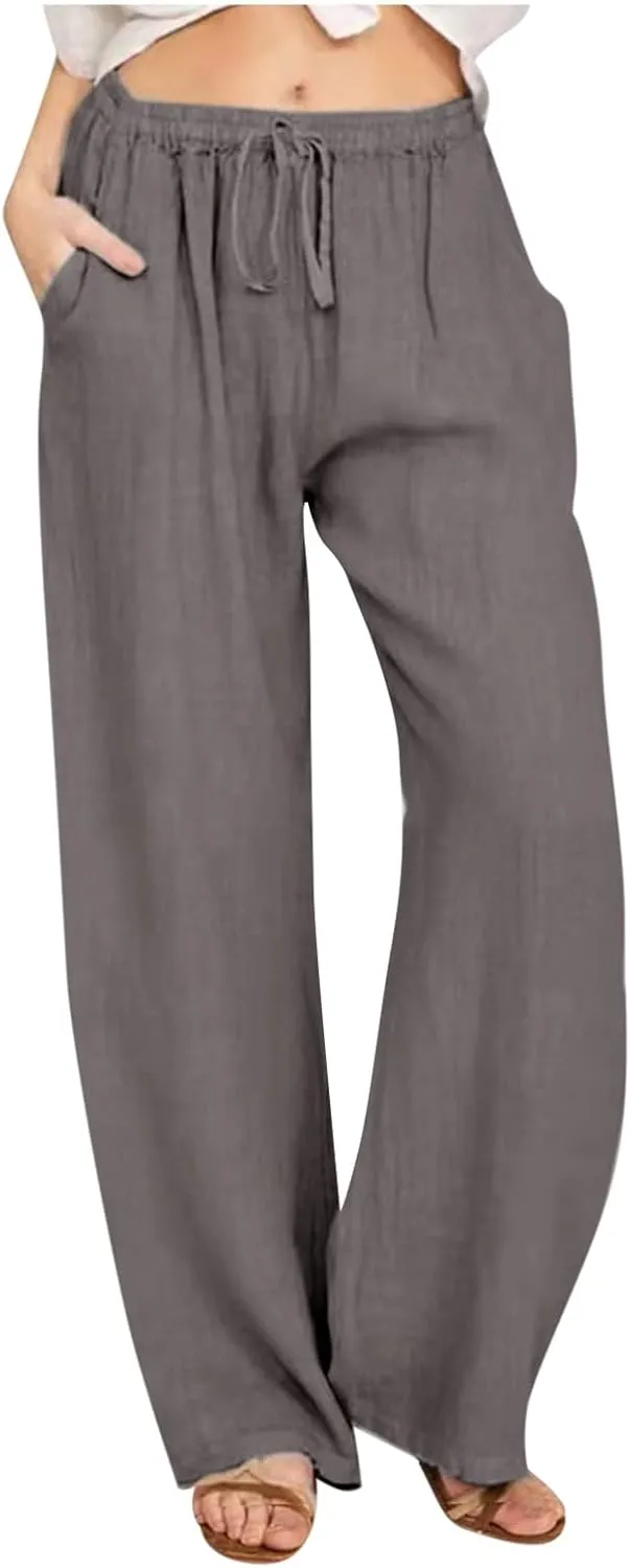 Women's Cotton Linen Palazzo Pants Drawstring Wide Leg Trousers High Waist Lightweight Pant Beach Vacation Clothes