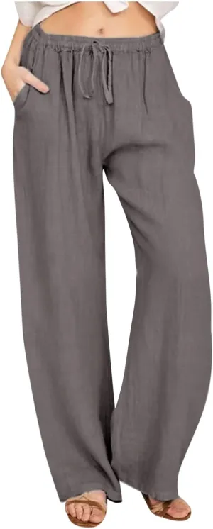 Women's Cotton Linen Palazzo Pants Drawstring Wide Leg Trousers High Waist Lightweight Pant Beach Vacation Clothes