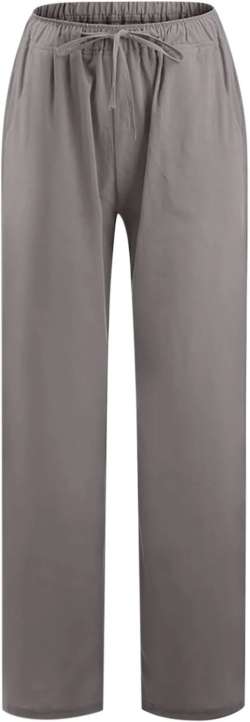 Women's Cotton Linen Palazzo Pants Drawstring Wide Leg Trousers High Waist Lightweight Pant Beach Vacation Clothes
