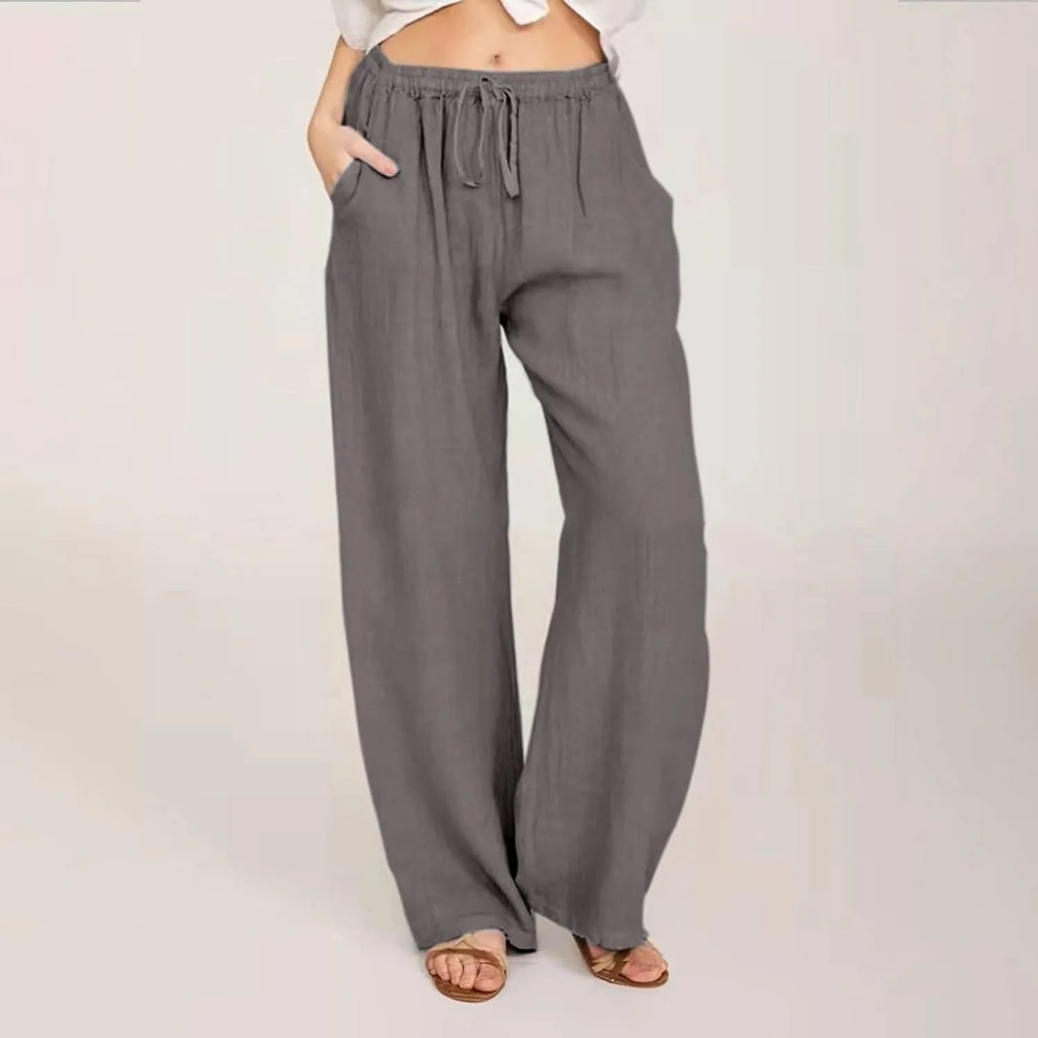 Women's Cotton Linen Palazzo Pants Drawstring Wide Leg Trousers High Waist Lightweight Pant Beach Vacation Clothes