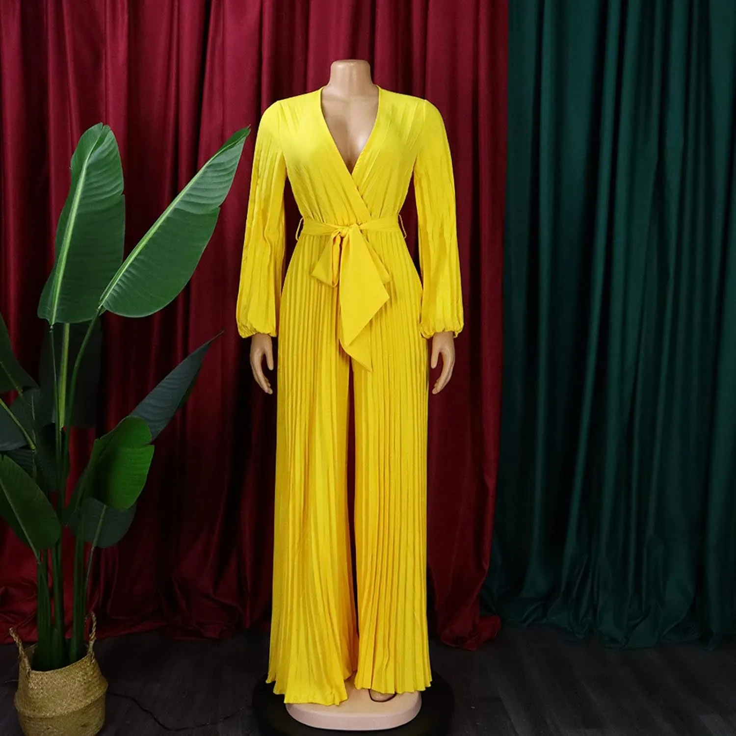Womens Dress Jumpsuit Dressy Long Sleeve High Waist Wide Leg Romper Formal Jumpsuit Belt Pleated Deep V Neck Romper