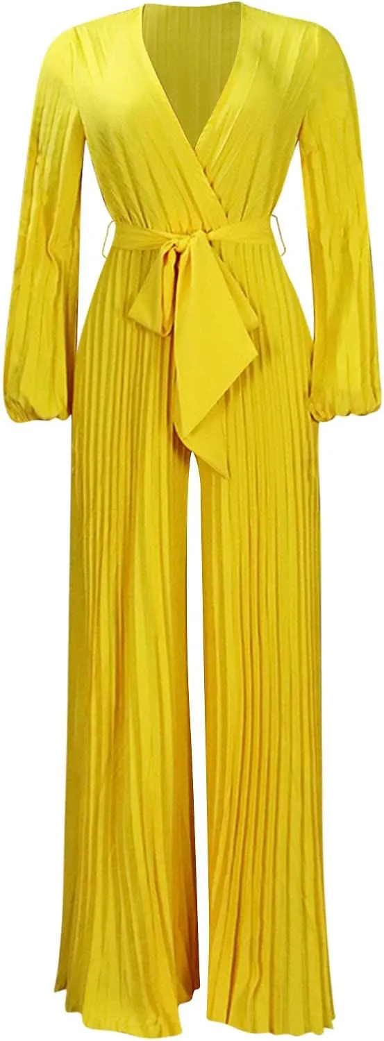 Womens Dress Jumpsuit Dressy Long Sleeve High Waist Wide Leg Romper Formal Jumpsuit Belt Pleated Deep V Neck Romper