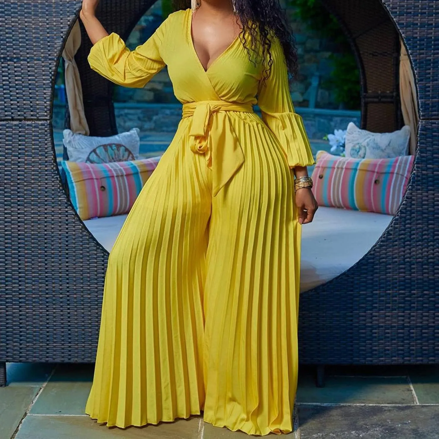 Womens Dress Jumpsuit Dressy Long Sleeve High Waist Wide Leg Romper Formal Jumpsuit Belt Pleated Deep V Neck Romper