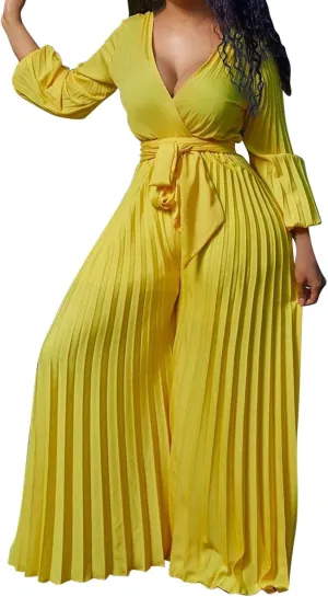 Womens Dress Jumpsuit Dressy Long Sleeve High Waist Wide Leg Romper Formal Jumpsuit Belt Pleated Deep V Neck Romper