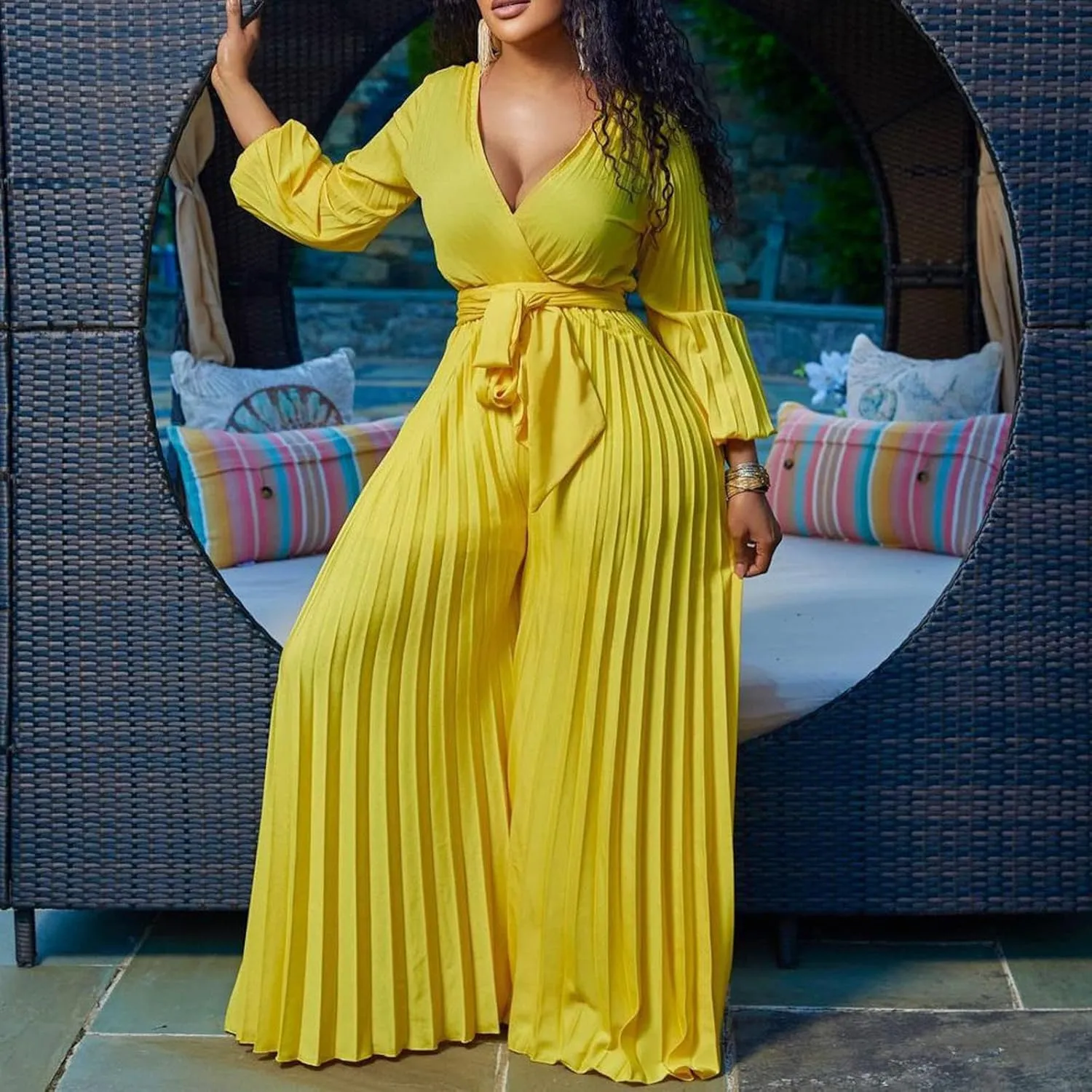Womens Dress Jumpsuit Dressy Long Sleeve High Waist Wide Leg Romper Formal Jumpsuit Belt Pleated Deep V Neck Romper