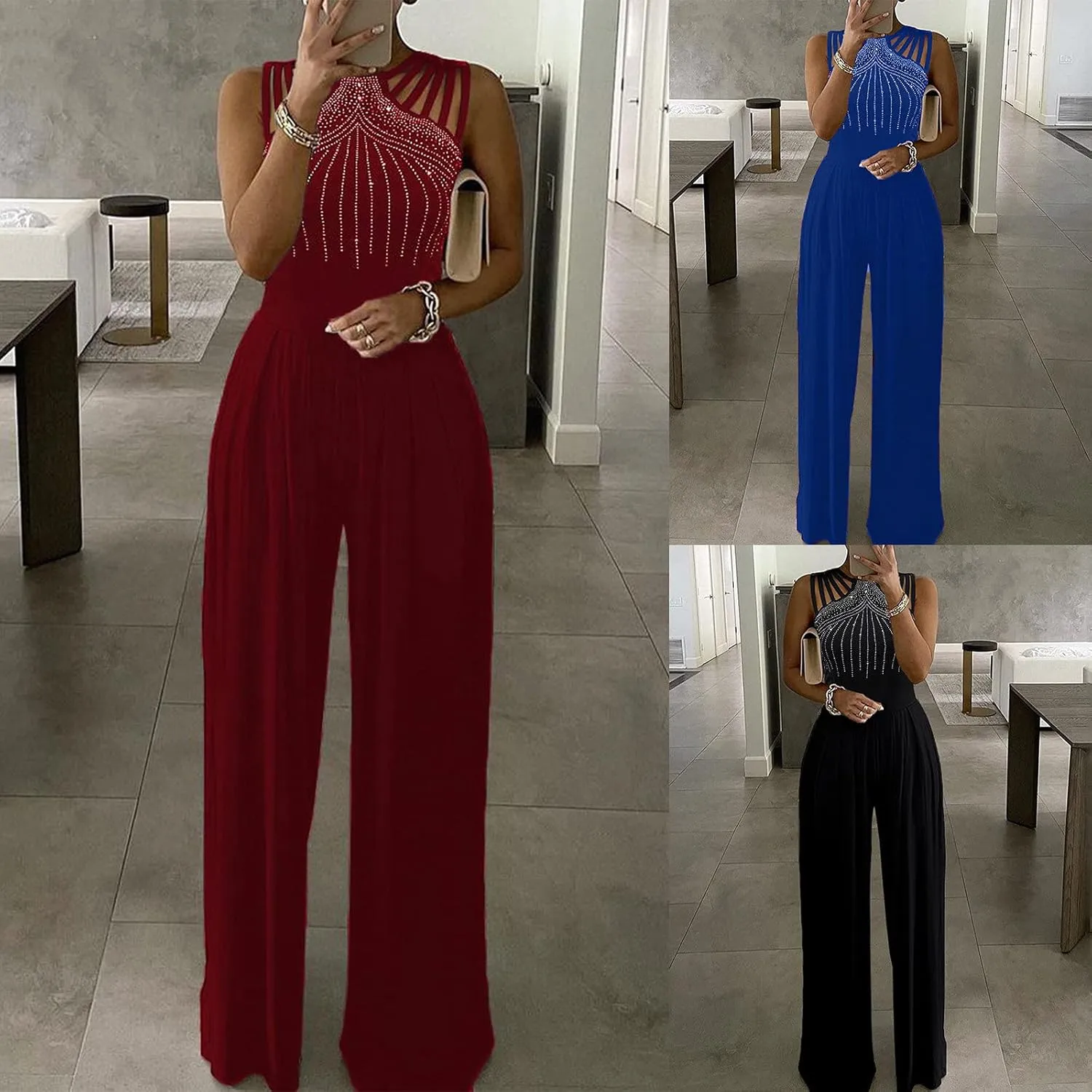 Womens Dressy Jumpsuit for Wedding Guest Evening Cocktail Party Rompers Formal Elegant Plus Size Wide Leg Long Pants