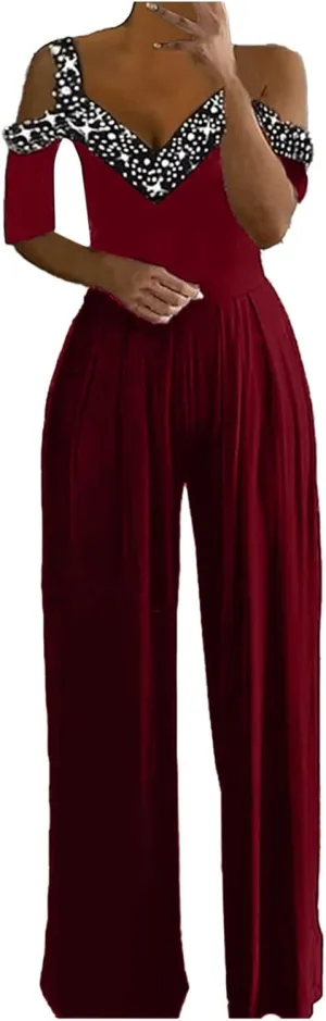 Womens Dressy Jumpsuit for Wedding Guest Evening Cocktail Party Rompers Formal Elegant Plus Size Wide Leg Long Pants