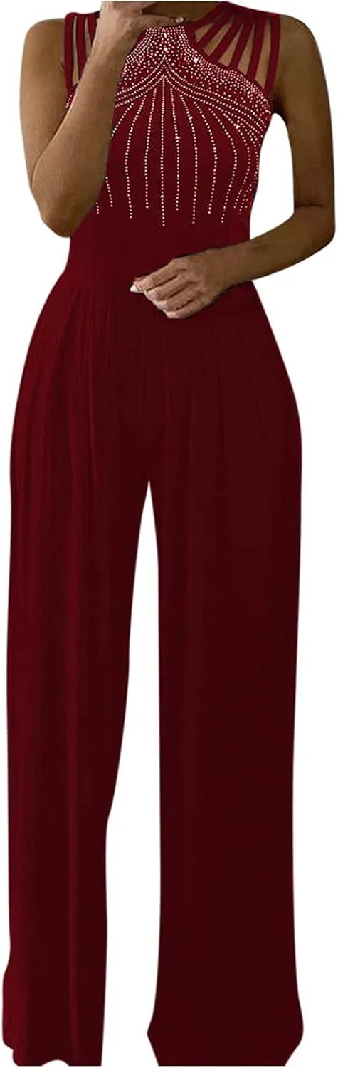 Womens Dressy Jumpsuit for Wedding Guest Evening Cocktail Party Rompers Formal Elegant Plus Size Wide Leg Long Pants