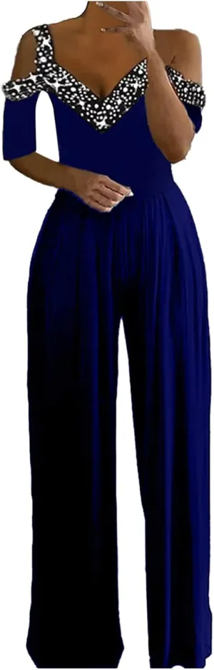 Womens Dressy Jumpsuit for Wedding Guest Evening Cocktail Party Rompers Formal Elegant Plus Size Wide Leg Long Pants