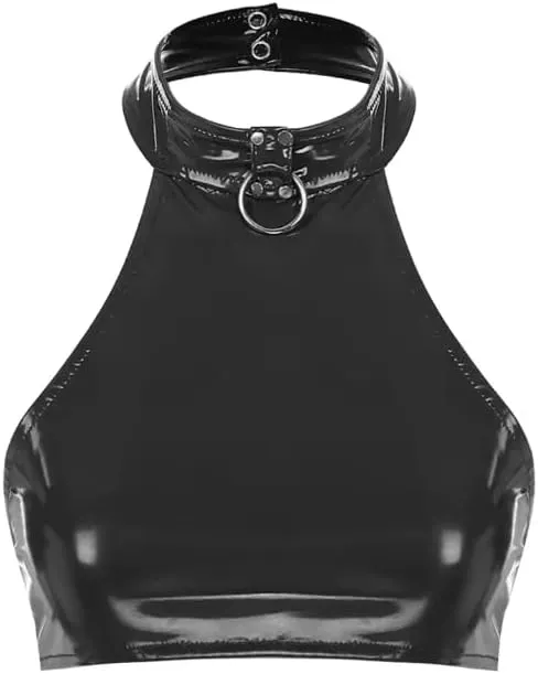 Womens Girl T-Shirt Camisole,Costume PVC Glossy Halter,Neck T-Shirts Latex