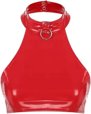 Womens Girl T-Shirt Camisole,Costume PVC Glossy Halter,Neck T-Shirts Latex