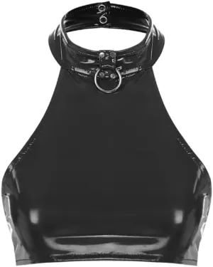 Womens Girl T-Shirt Camisole,Costume PVC Glossy Halter,Neck T-Shirts Latex