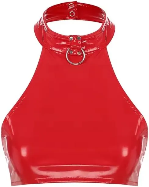 Womens Girl T-Shirt Camisole,Costume PVC Glossy Halter,Neck T-Shirts Latex