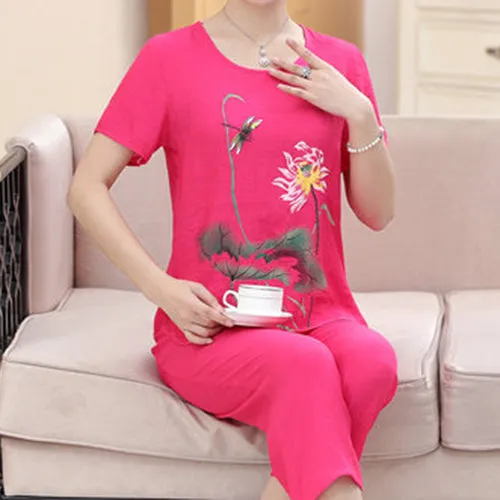 Women's Home Sets Lotus Print T-shirt   Trousers Casual Two-piece
