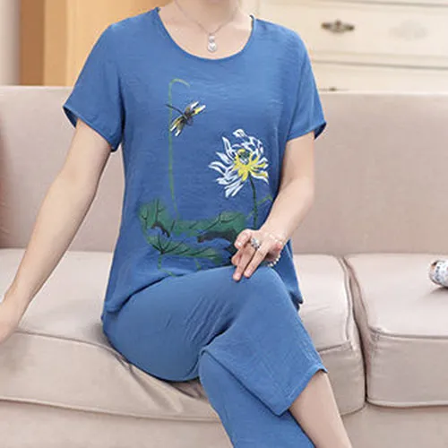 Women's Home Sets Lotus Print T-shirt   Trousers Casual Two-piece
