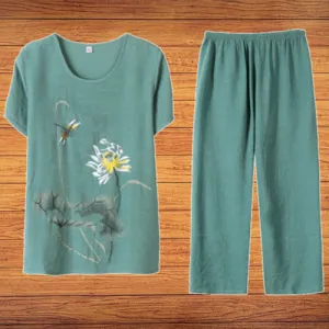 Women's Home Sets Lotus Print T-shirt   Trousers Casual Two-piece